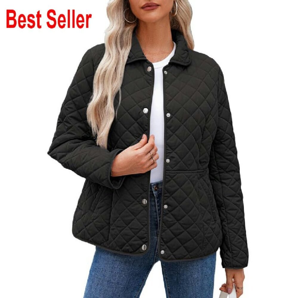 Quilted Puffer Jacket Diamond Texture Button Down Chic Winter Outerwear